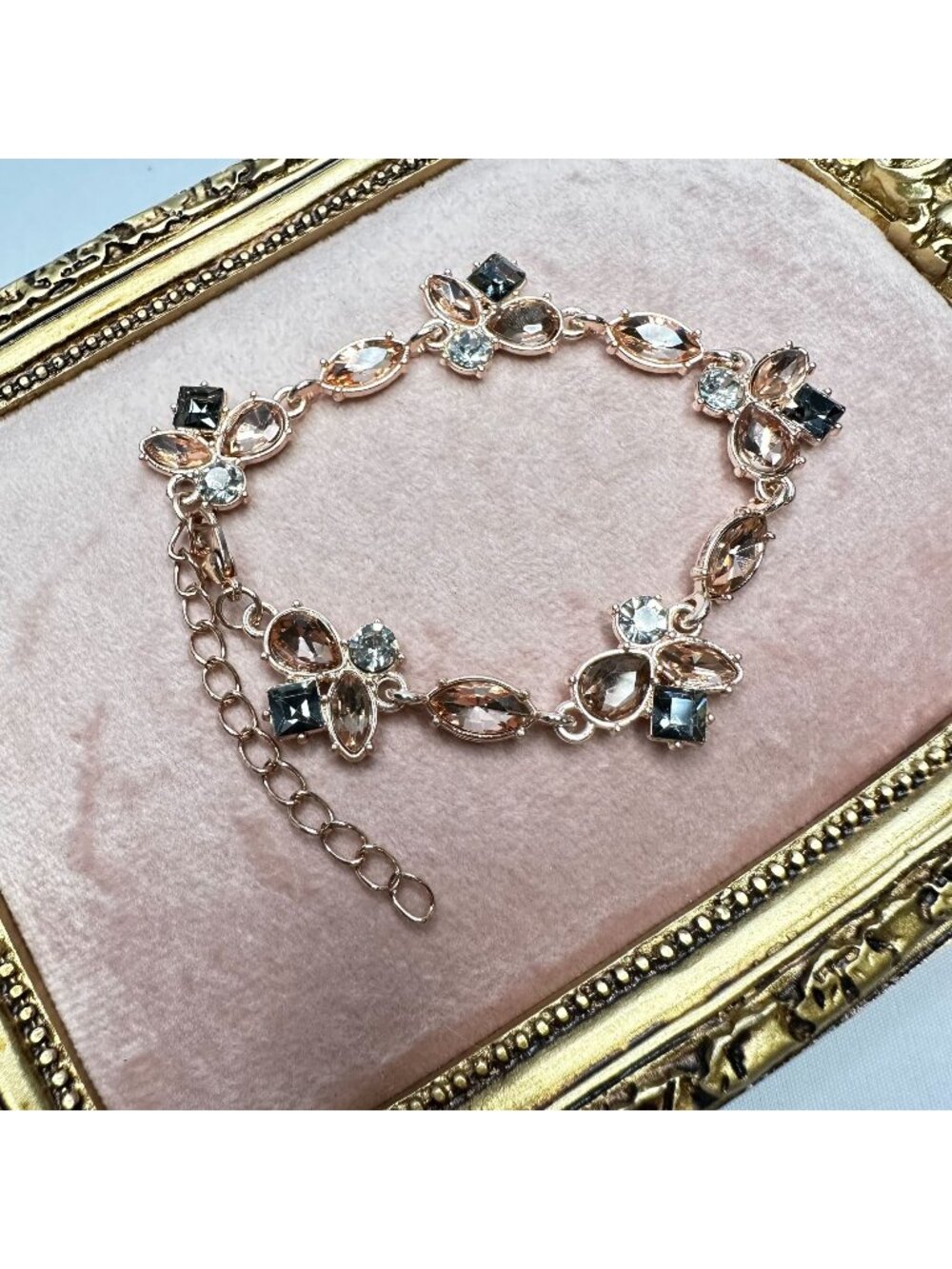 Rose Gold Champagne Rhinestone Cluster Link Bracelet Grey Crystal Adjustable